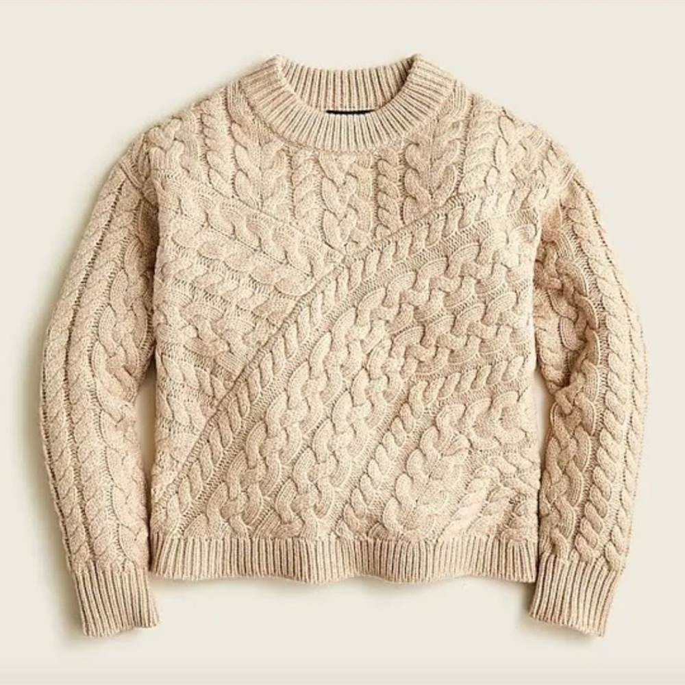 NWT J.Crew Curved Cable-Knit Sweater - Size Large - HTHR STONE